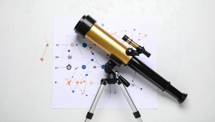 A telescope positioned on a star map, exploring celestial patterns and constellations
