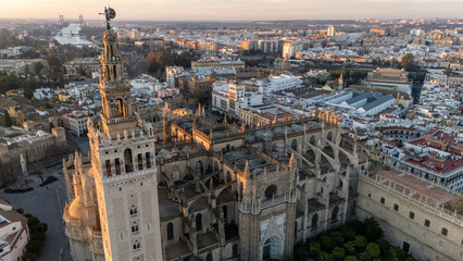 Aerial View of Historic Cathedral at Sunset