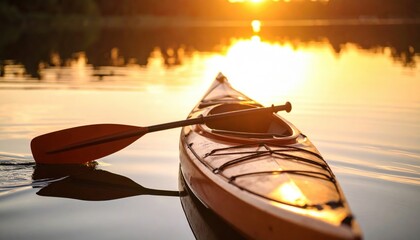 A serene sunset over a calm lake with a kayak and paddle resting on the water's surface