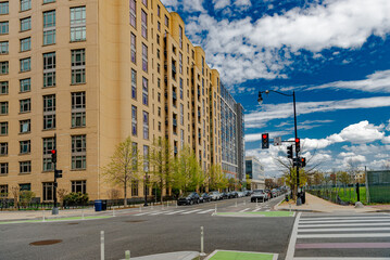 Modern apartment buildings in downtown Washington DC. High rise condominium buildings.
