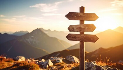Scenic mountain landscape with a wooden signpost indicating various directions at sunset