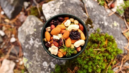 A vibrant mix of nuts and dried fruits in a bowl resting on rocky terrain surrounded by greenery