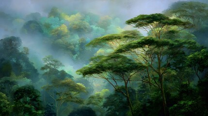Obraz premium Lush tropical forest landscape with misty atmosphere