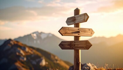 Wooden directional signpost in a mountainous landscape during sunset, guiding travelers