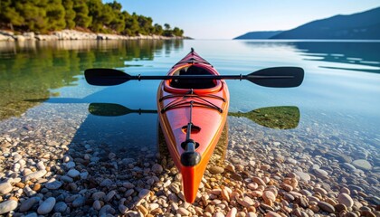 Vibrant red kayak resting on pebbled shore, reflecting calm water and serene landscape