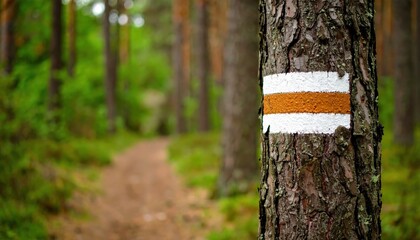 A marked tree with white and orange stripes beside a winding forest path in a lush green landscape