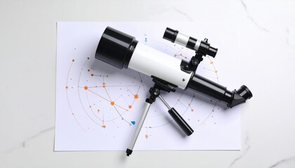 A telescope positioned on a celestial-themed background, showcasing stars and constellations