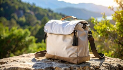 A stylish outdoor bag resting on a rock, surrounded by lush greenery and mountains in the background