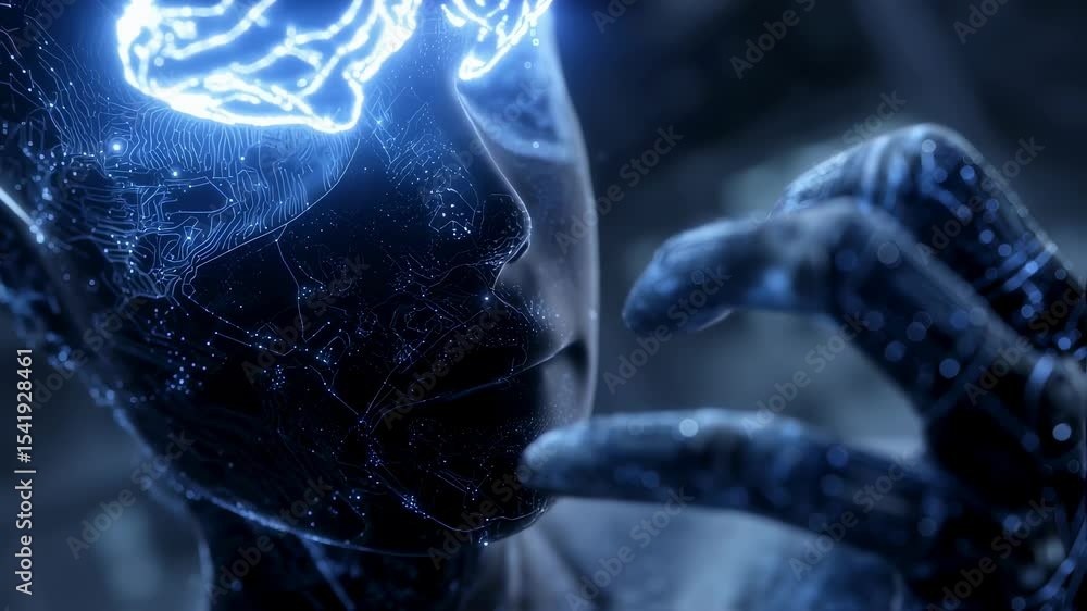 Poster futuristic laboratory setting showcases an android interacting with a luminous digital brain, manipu