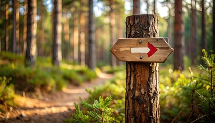 Wooden signpost with a right arrow guiding hikers through a tranquil forest trail