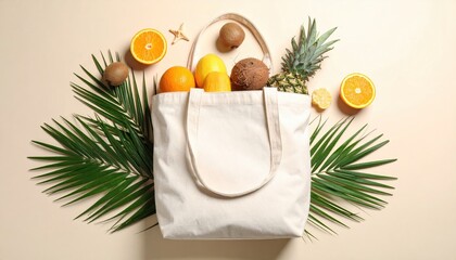 A stylish tote bag filled with fresh tropical fruits surrounded by green palm leaves