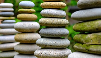 Stacked stones in a serene garden setting, showcasing balance and tranquility amidst nature