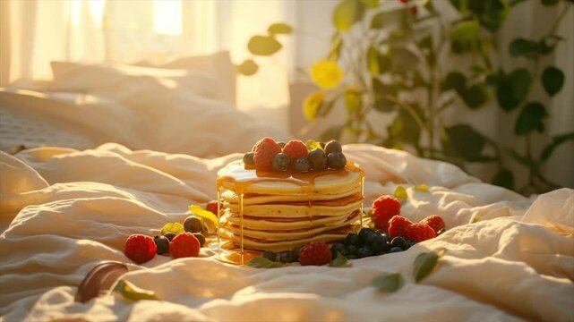 Sunlit pancake stack with berries and syrup on bed