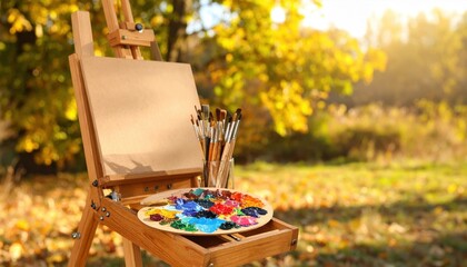 An artist's easel set up in a vibrant autumn landscape, ready for a creative painting session