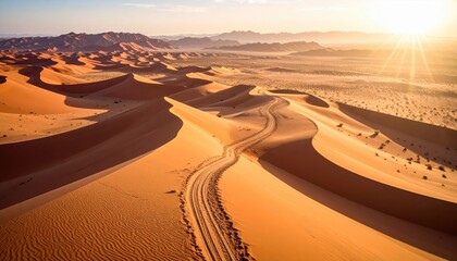 Expansive desert landscape with undulating dunes, sun setting in the background, creating shadows