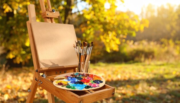 An artist's easel set up in a vibrant autumn landscape, ready for a creative painting session - Powered by Adobe