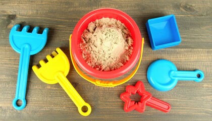 Colorful sand playset with various tools and molds, set on a wooden table, ideal for children’s activities