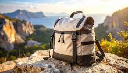 Stylish backpack resting on a rock with a scenic mountain and ocean view at sunset