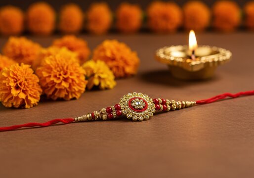 A decorative rakhi with intricate designs placed on a wooden surface. Marigold flowers and a lit diya are in the background, symbolizing the Indian festival of Raksha Bandhan. - Powered by Adobe