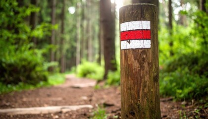 Trail marker with red and white stripes in a lush green forest, guiding hikers along a path