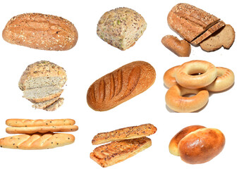 Bakery products, bread, loaf, cookies and bagels on white background.