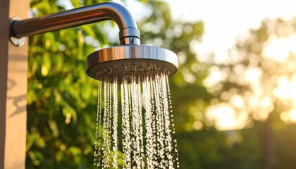 Outdoor shower with flowing water surrounded by lush greenery and soft sunlight in the background