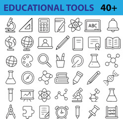Educational Tools Line Icons Set,  Editable Vector Symbols for Learning, Teaching, Online Classes, and Academic Resources