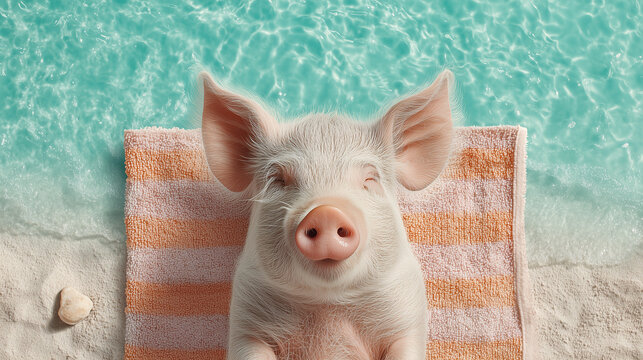 Cute pig relaxing on a towel by the pool on a sunny day, enjoying the warm weather and water