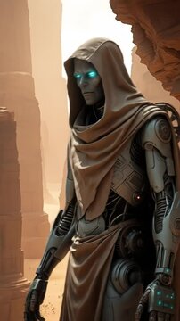 Standing Robot in Desert with Hood and Flying Saucers
