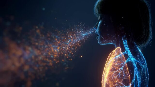 Pediatric medical visualization highlighting respiratory system with child exhaling glowing particles, revealing lung anatomy through transparent x ray style illumination