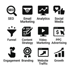 Digital Marketing Icon Set in Flat Black Style for Strategy and Promotion Concepts