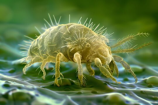 Dust Mite Crawling on Green Leaf Surface Close-up