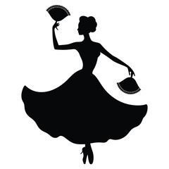 woman in Arm flourish with castanets dance pose, a captivating black silhouette of a woman in a flowing dress, poised in a dance pose, holding decorative lamps.