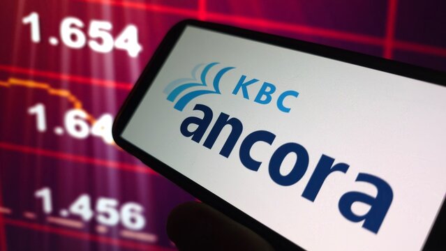 Konskie, Poland - May 03, 2025: KBC Ancora company logo displayed on mobile phone
