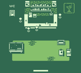 Pixel art bar interior in retro 8-bit style,  top down, minimalist game background,  vintage video games, UI design, nostalgic gaming visuals, game assets.