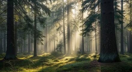 Obraz premium Sunlight filtering through dense trees in a forest illuminating the forest floor beautifully