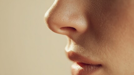 Close-up side profile of beautiful face with smooth skin and perfect nose shape, ideal for cosmetic advertising. Soft beige background creates elegant atmosphere.