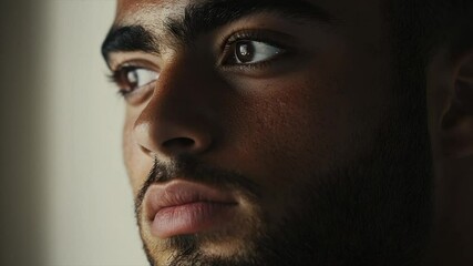Close-up portrait of a young man with dark eyes and stubble, gazing thoughtfully - Powered by Adobe
