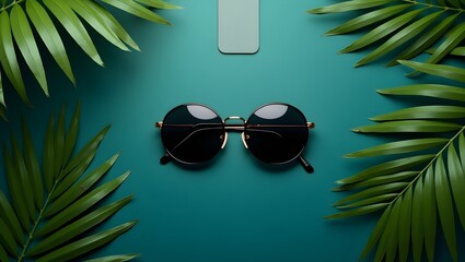 Stylish round sunglasses with tropical palm leaves