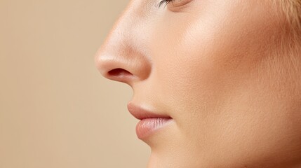 Close-up side profile of beautiful face with smooth skin and perfect nose shape, ideal for cosmetic advertising. Soft beige background creates elegant atmosphere.