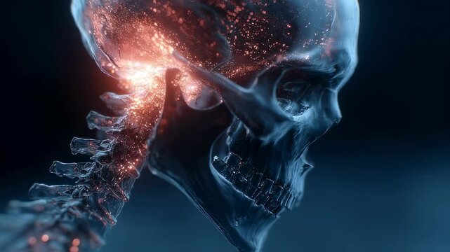 Medical animation revealing glowing traumatized brain region within transparent human skull, connecting to spine and showcasing advanced diagnostic visualization technology