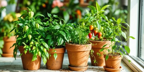 Terracotta Pots Filled with Vegetables and Herbs