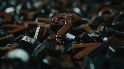 An artistic representation of a question mark emerging from a sea of dark wooden letters, embodying curiosity and the quest for answers in a chaotic world.