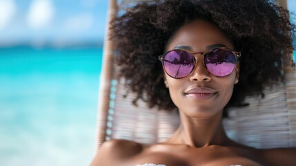 A woman enjoying the serene beach atmosphere while wearing stylish sunglasses, epitomizing tranquility and relaxation on a beautiful sunny day by the ocean.