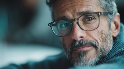 An intimate close-up of a thoughtful man with glasses, encapsulating wisdom, reflection, and the intricate depth of human experience in a moment of contemplation.