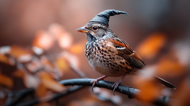 Delight in the playful charm of a bird wearing a stylish hat, perched gracefully on a branch with autumn leaves, capturing a whimsical moment in nature's beauty. - Powered by Adobe