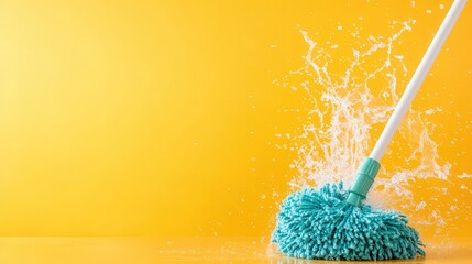A colorful mop splashes water vigorously against a vivid yellow backdrop, capturing the essence of cleaning, energy, and dynamic movement in a playful and engaging composition.
