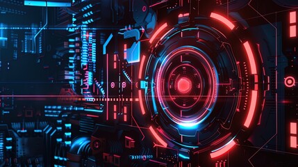 Dynamic C4D Cyberpunk Technology Background Design with Neon Holographic Interfaces, Mecha Components, Glitch Effects, and Dystopian Urban Landscapes &ndash; Incorporating Digital Grunge Textures, Futuristi