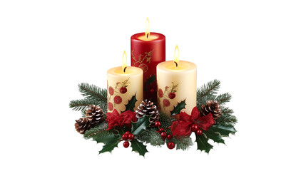 Festive Christmas candles burning bright surrounded by holly pine cones and red bows a winter holiday scene,