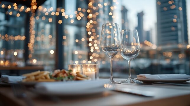 An elegantly set dining table with sparkling lights, fine glassware, and delicious food, creating a cozy and inviting atmosphere for an enjoyable dining experience.